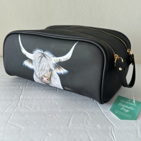 OCS Design Cow Large Cosmetic Bag Pouch Black Top Double zip closure & handle - Picture 3 of 16